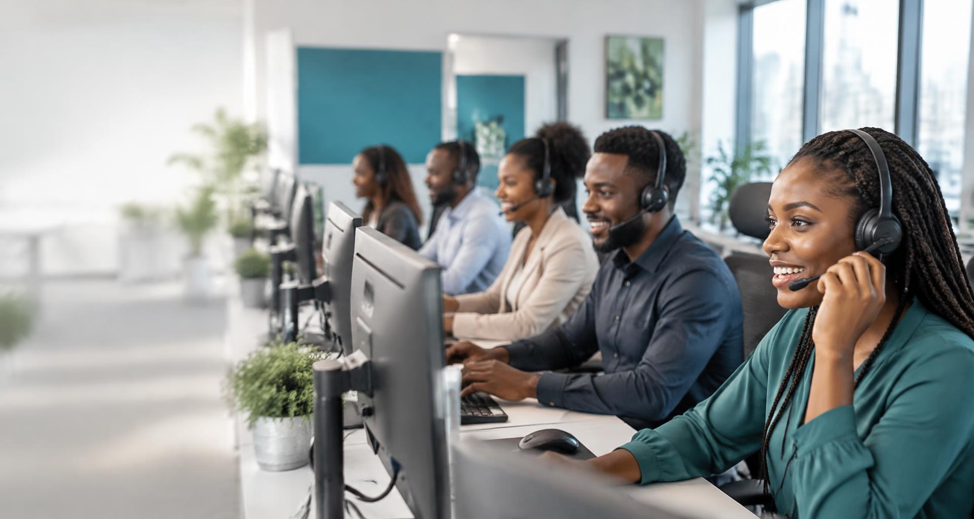 Customer care representatives with headsets working at computers in a bright office