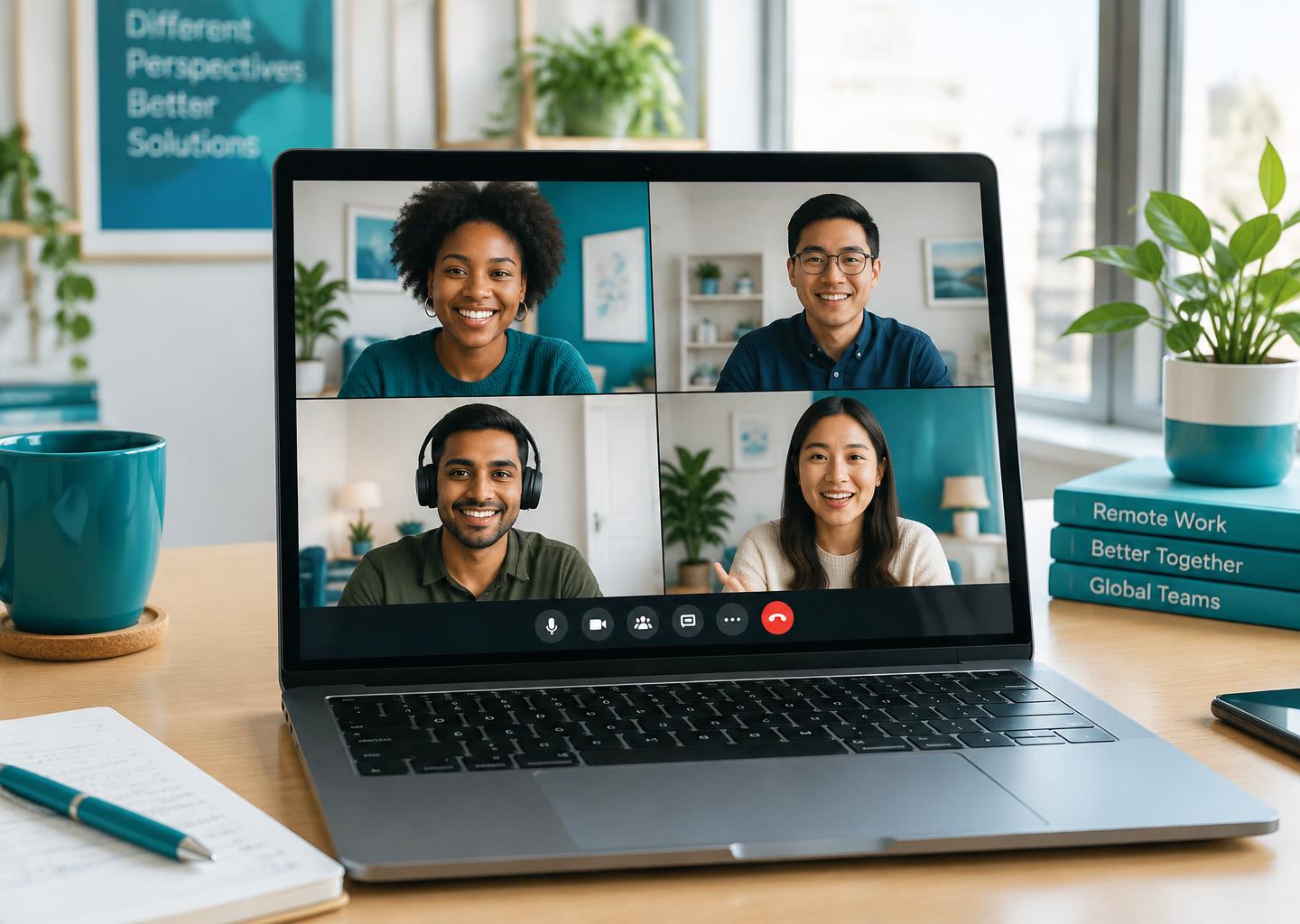 Illustrative remote professionals collaborating by video call