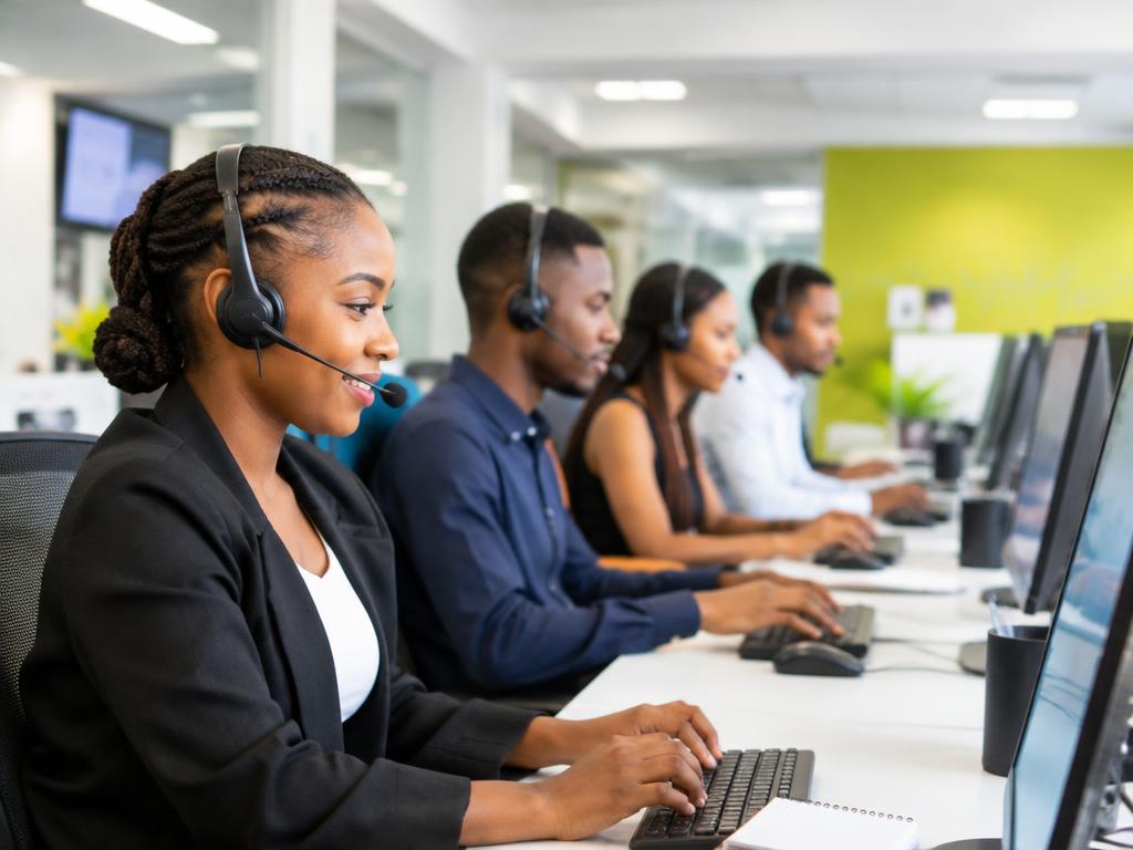 Professionals with headsets working in a call centre office