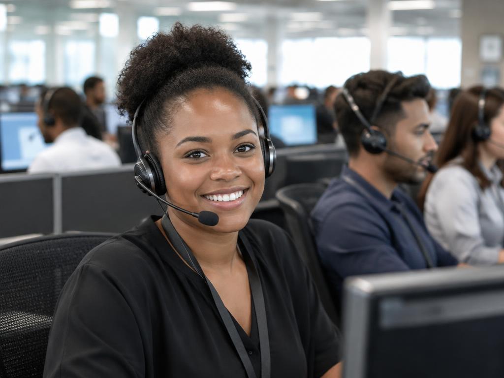 Professionals with headsets working in a call centre office