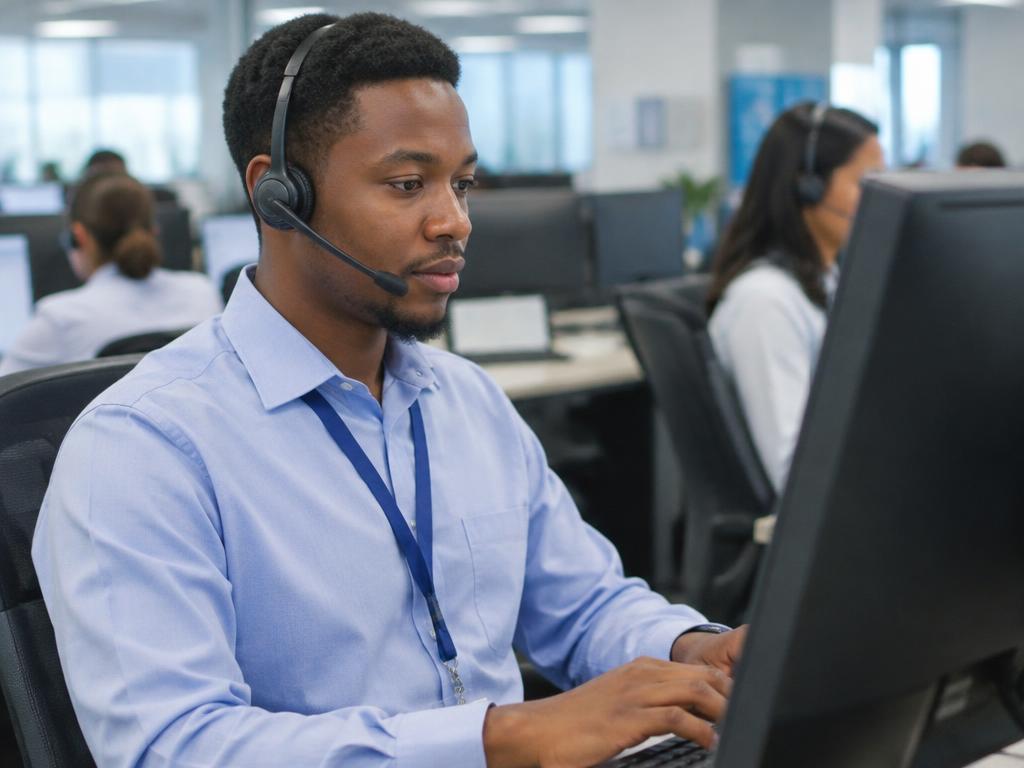 Professionals with headsets working in a call centre office