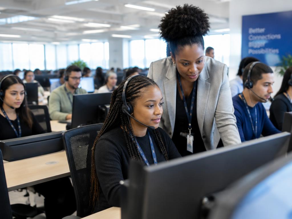 Professionals with headsets working in a call centre office