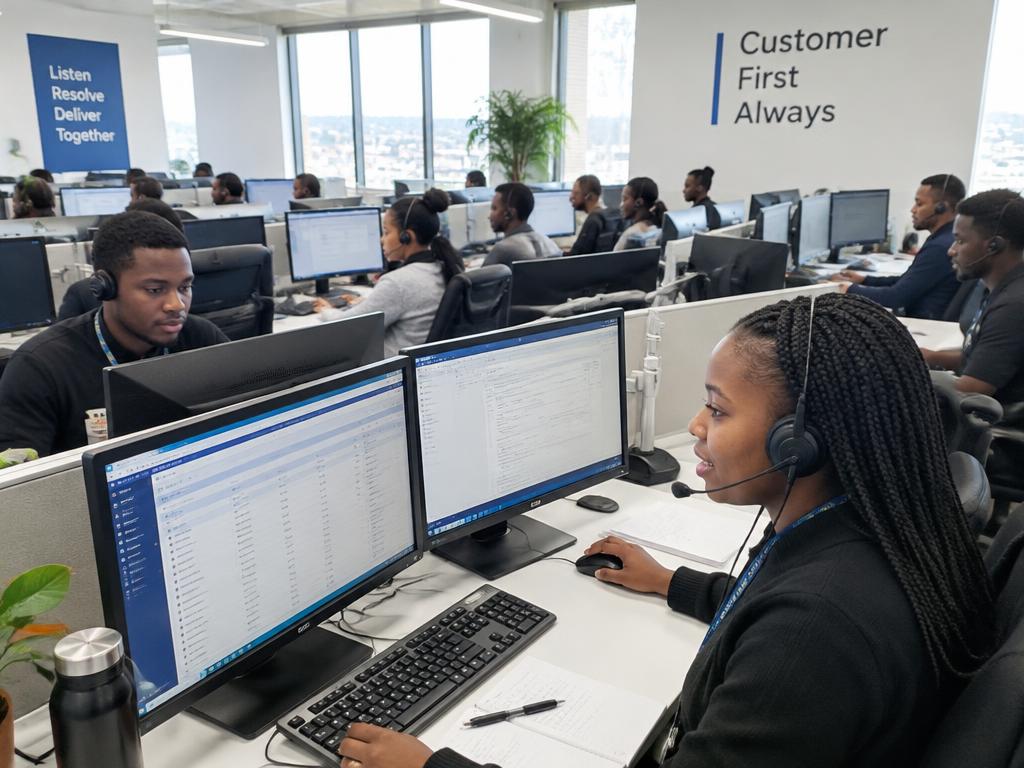 Professionals with headsets working in a call centre office
