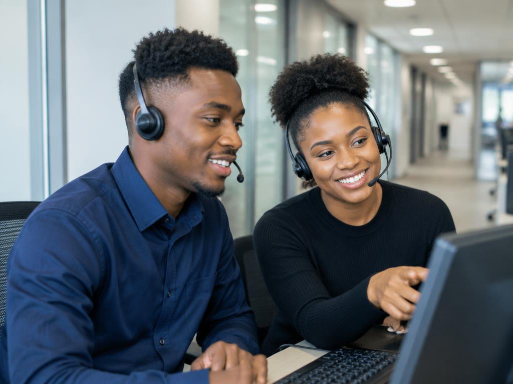 Professionals with headsets working in a call centre office