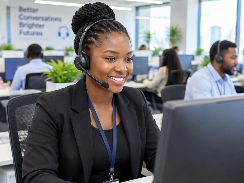 Professionals with headsets working in a call centre office