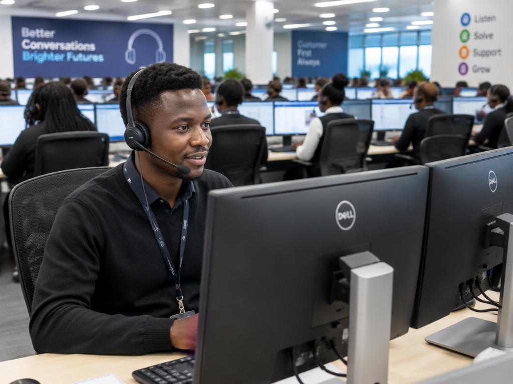 Professionals with headsets working in a call centre office
