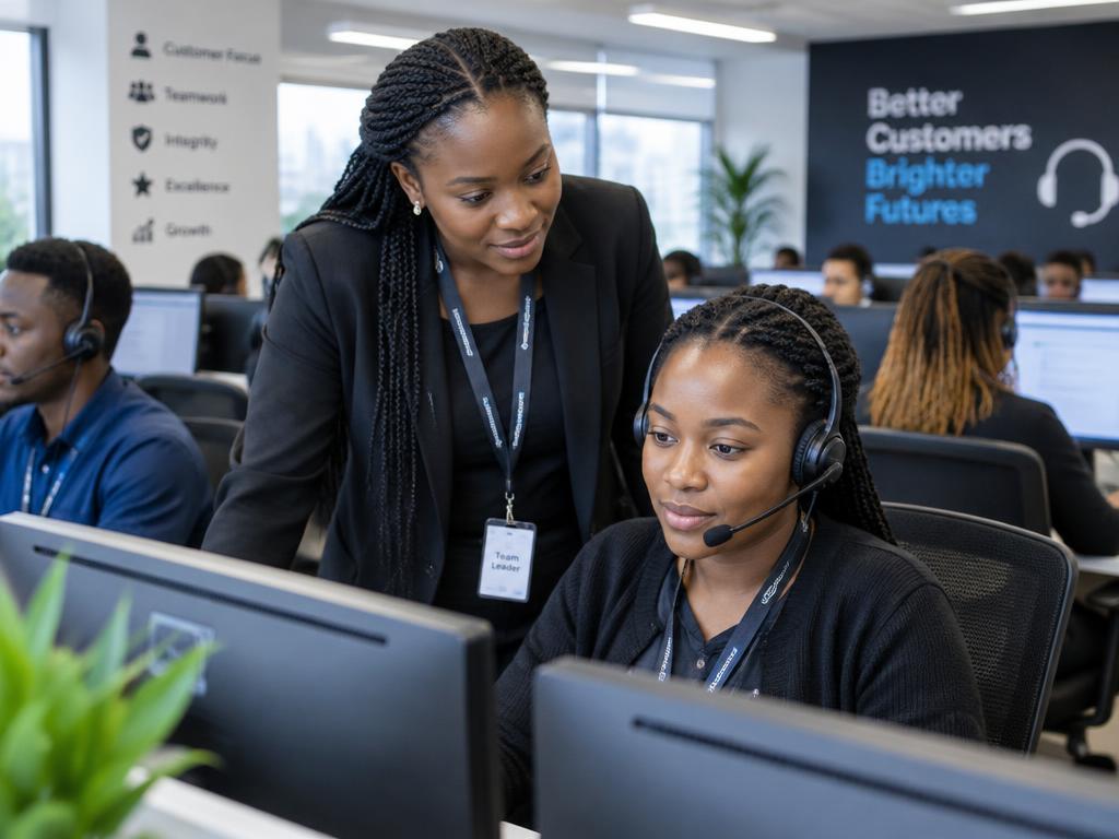 Professionals with headsets working in a call centre office